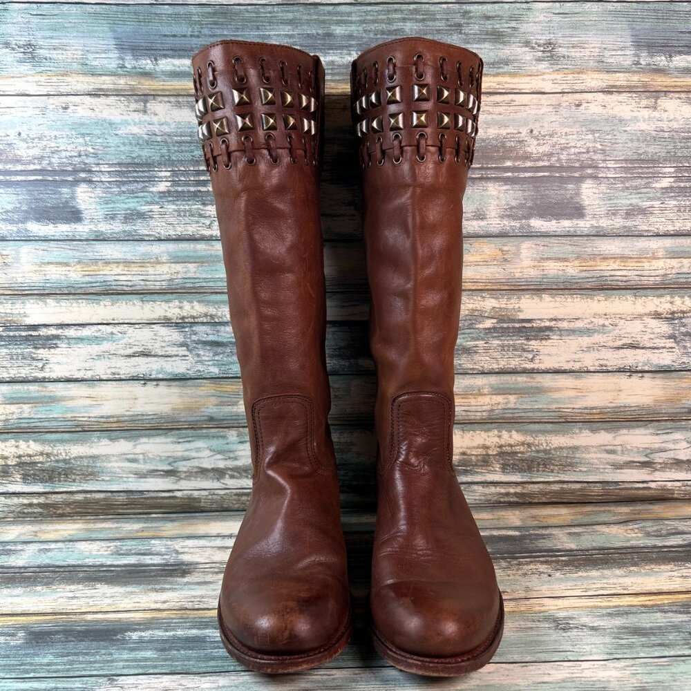 Sendra Knee High Boots Womens 8 Brown Leather Riding Moto Studded Biker Western